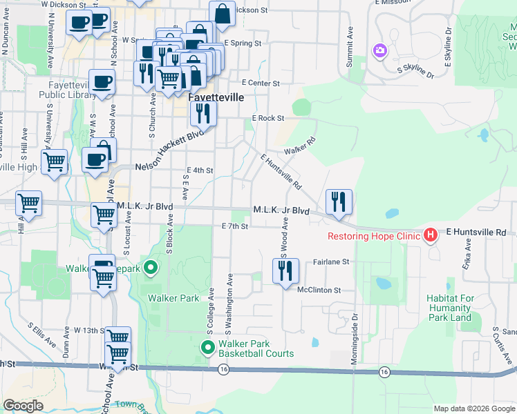 map of restaurants, bars, coffee shops, grocery stores, and more near 506 South Willow Avenue in Fayetteville