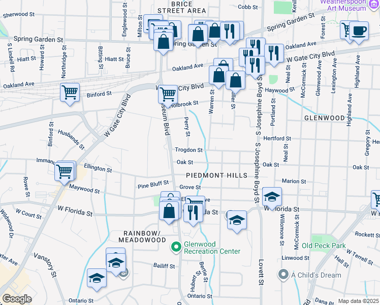 map of restaurants, bars, coffee shops, grocery stores, and more near 1811 Trogdon Street in Greensboro