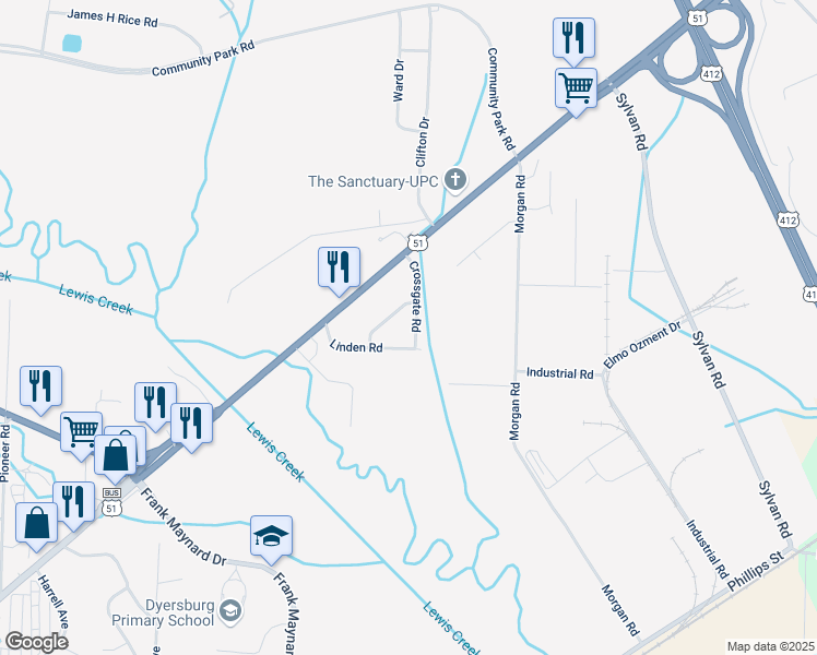 map of restaurants, bars, coffee shops, grocery stores, and more near 2036 Evergreen Place in Dyersburg
