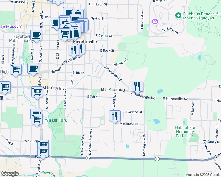 map of restaurants, bars, coffee shops, grocery stores, and more near 412 Martin Luther King Junior Boulevard in Fayetteville