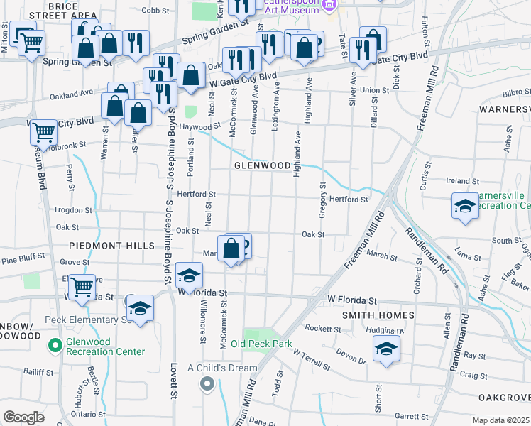 map of restaurants, bars, coffee shops, grocery stores, and more near 1106 Lexington Avenue in Greensboro