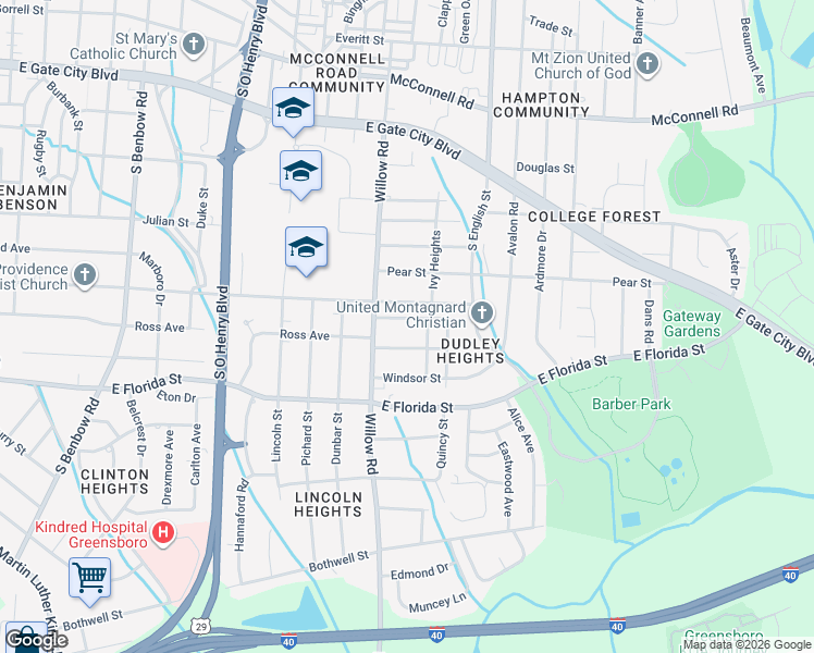 map of restaurants, bars, coffee shops, grocery stores, and more near 2106 Tuscaloosa Street in Greensboro