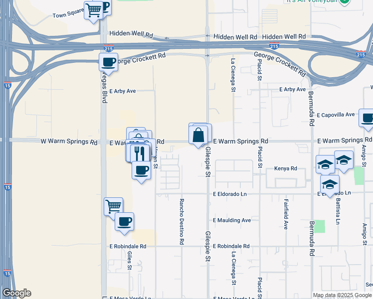 map of restaurants, bars, coffee shops, grocery stores, and more near 101 East Warm Springs Road in Las Vegas