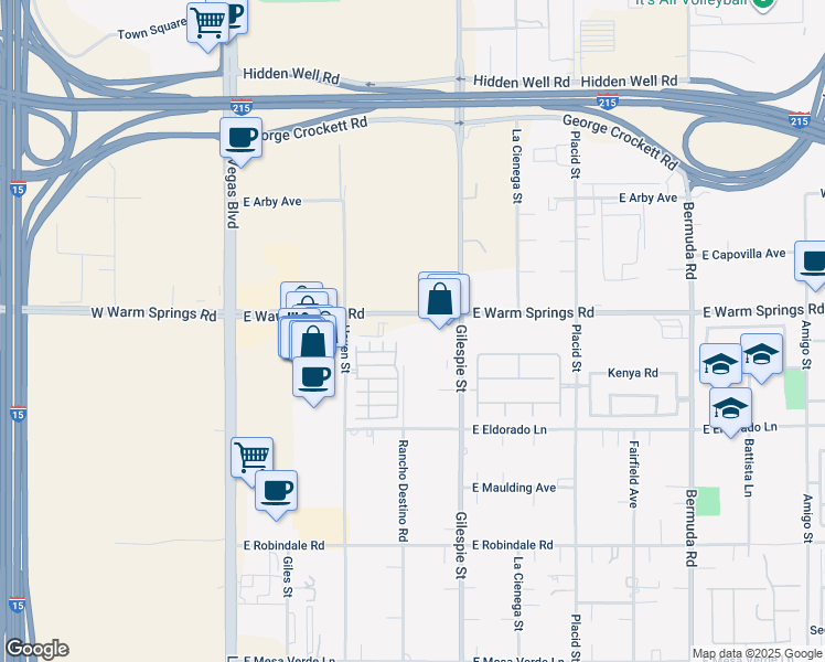 map of restaurants, bars, coffee shops, grocery stores, and more near 101 East Warm Springs Road in Las Vegas