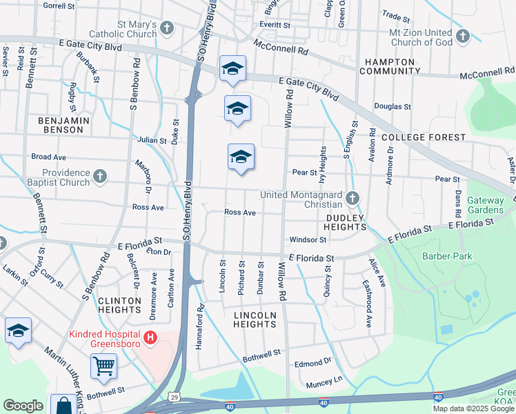 map of restaurants, bars, coffee shops, grocery stores, and more near 1401 Pichard Street in Greensboro
