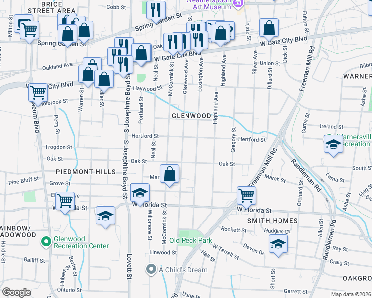 map of restaurants, bars, coffee shops, grocery stores, and more near in Greensboro