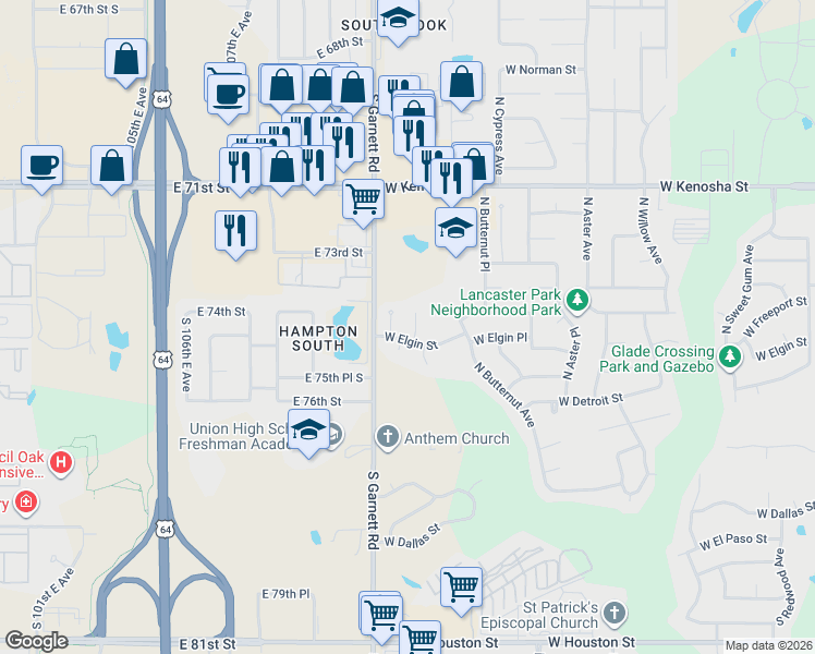 map of restaurants, bars, coffee shops, grocery stores, and more near 413 North Firewood Avenue in Broken Arrow