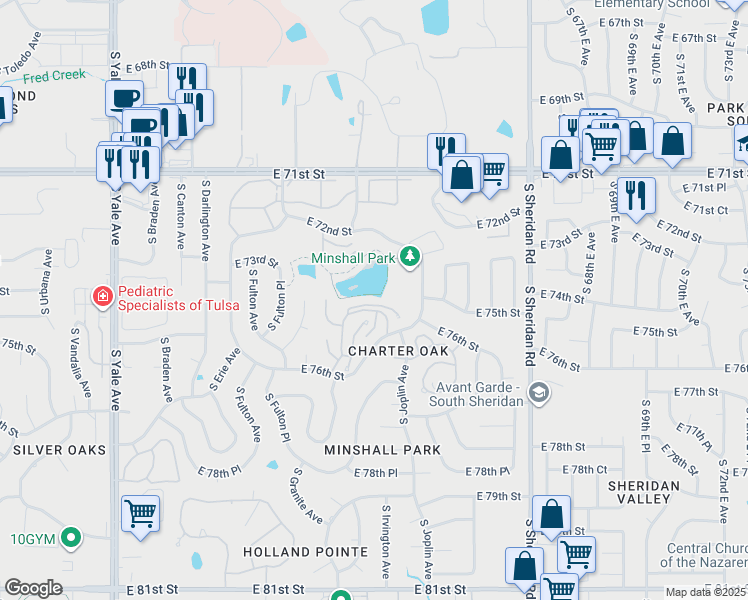 map of restaurants, bars, coffee shops, grocery stores, and more near 7404 South Kingston Avenue in Tulsa