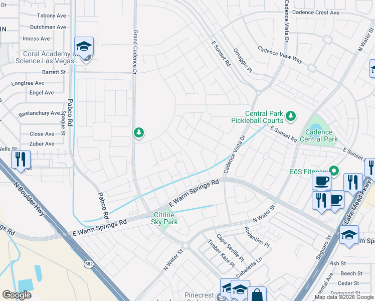map of restaurants, bars, coffee shops, grocery stores, and more near 105 Cashmere Waltz Place in Henderson