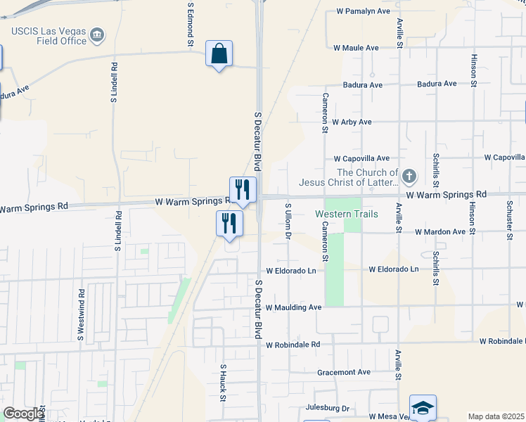 map of restaurants, bars, coffee shops, grocery stores, and more near 4855 West Warm Springs Road in Las Vegas