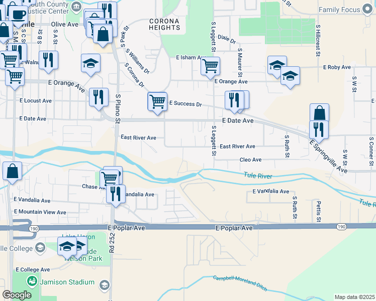 map of restaurants, bars, coffee shops, grocery stores, and more near 734 East River Avenue in Porterville