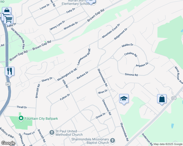 map of restaurants, bars, coffee shops, grocery stores, and more near 4603 Barbara Drive in Knoxville