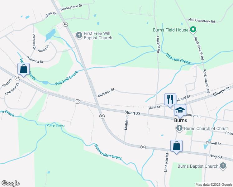 map of restaurants, bars, coffee shops, grocery stores, and more near 1019 Mulberry Street in Burns