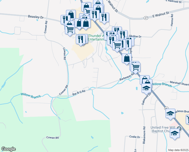 map of restaurants, bars, coffee shops, grocery stores, and more near 300 Broadmoor Drive in Dickson