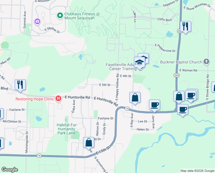 map of restaurants, bars, coffee shops, grocery stores, and more near 1706 East 5th Street in Fayetteville