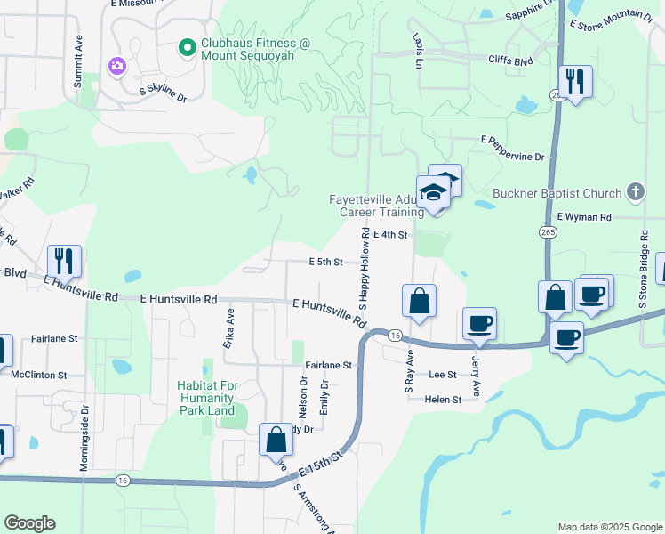 map of restaurants, bars, coffee shops, grocery stores, and more near 1706 East 5th Street in Fayetteville
