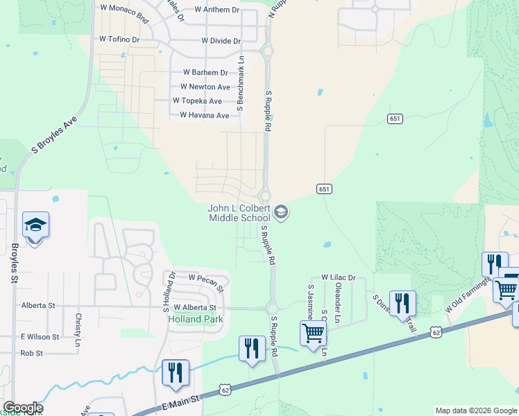 map of restaurants, bars, coffee shops, grocery stores, and more near 370 S Dinsmore Trail in Fayetteville