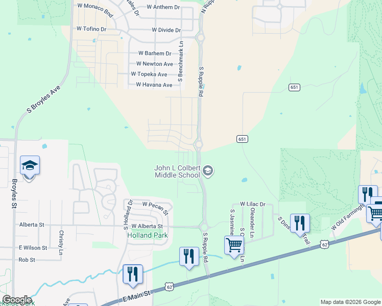 map of restaurants, bars, coffee shops, grocery stores, and more near 370 S Dinsmore Trail in Fayetteville