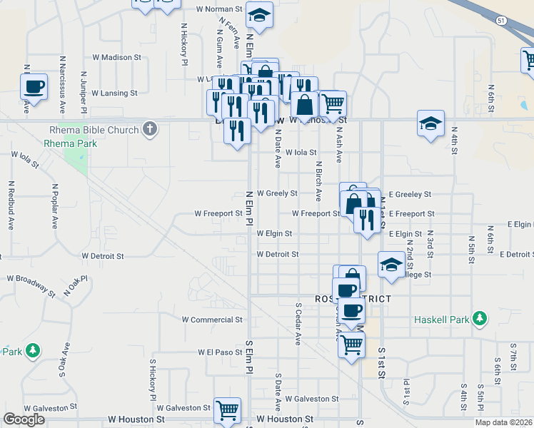 map of restaurants, bars, coffee shops, grocery stores, and more near 520 North Date Avenue in Broken Arrow