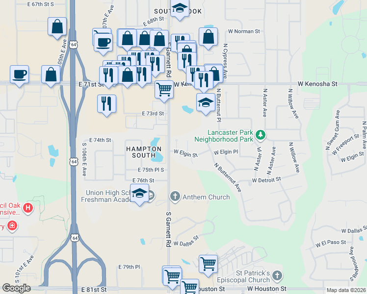 map of restaurants, bars, coffee shops, grocery stores, and more near 413 North Firewood Avenue in Broken Arrow