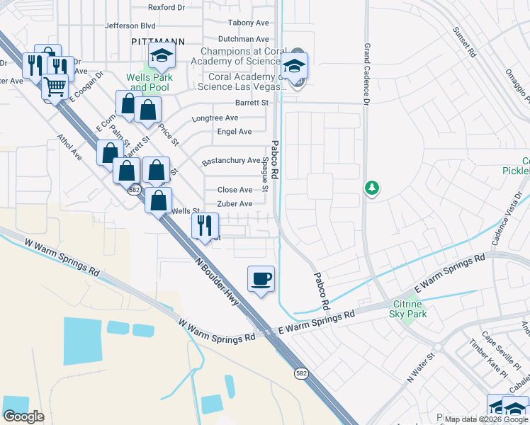 map of restaurants, bars, coffee shops, grocery stores, and more near 587 Sellers Place in Henderson