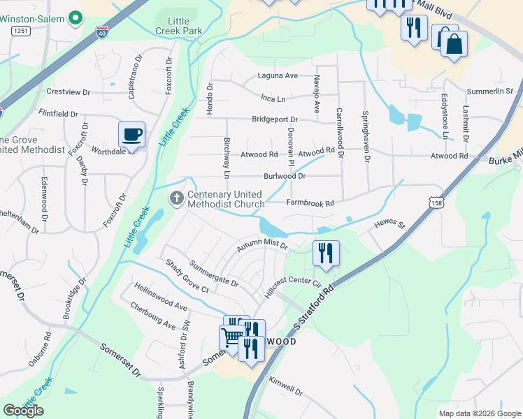 map of restaurants, bars, coffee shops, grocery stores, and more near 2825 Farmbrook Road in Winston-Salem