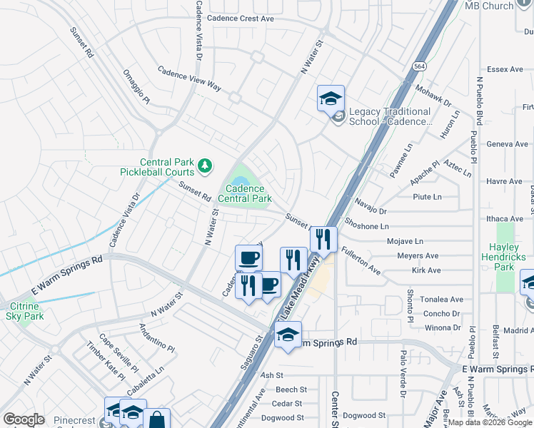 map of restaurants, bars, coffee shops, grocery stores, and more near 1091 East Sunset Road in Henderson