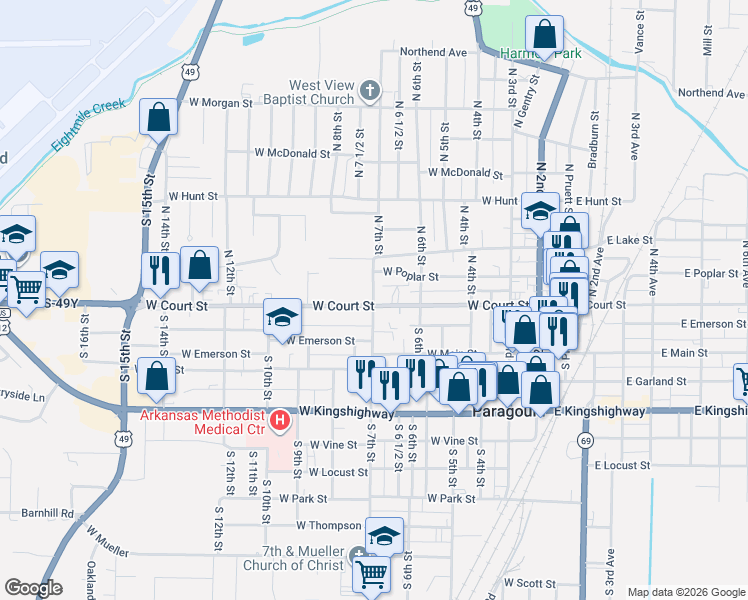map of restaurants, bars, coffee shops, grocery stores, and more near 120 North 7th Street in Paragould