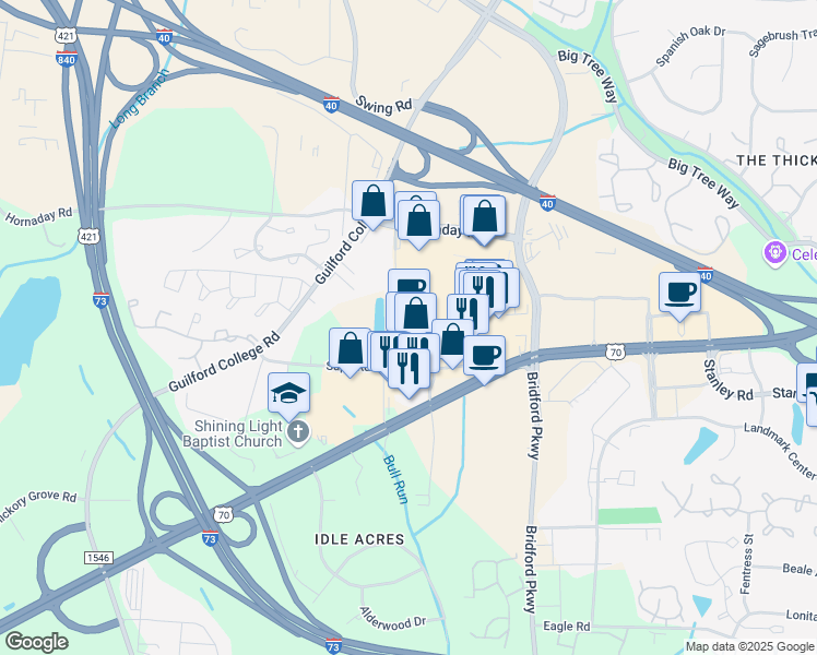 map of restaurants, bars, coffee shops, grocery stores, and more near 1212 Bridford Parkway in Greensboro
