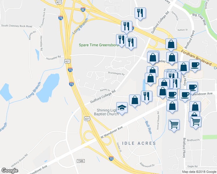 map of restaurants, bars, coffee shops, grocery stores, and more near 800 Spruill Court in Greensboro