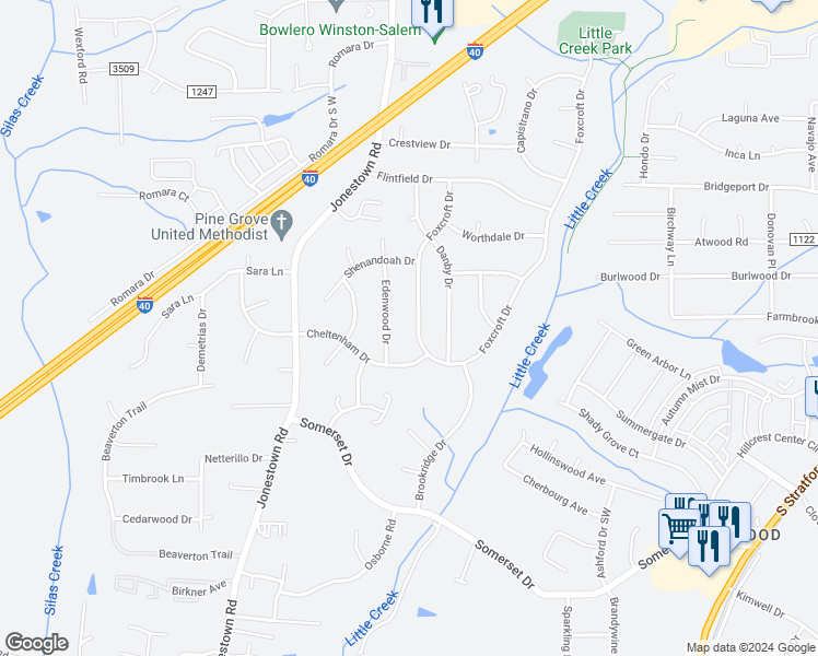 map of restaurants, bars, coffee shops, grocery stores, and more near 224 Foxcroft Drive in Winston-Salem