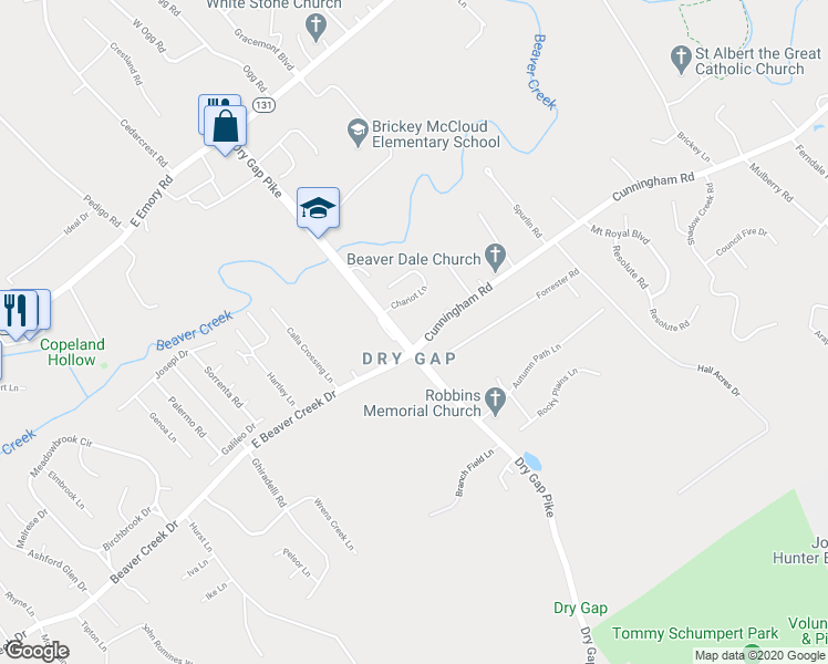 map of restaurants, bars, coffee shops, grocery stores, and more near 1507 Cunningham Road in Knoxville