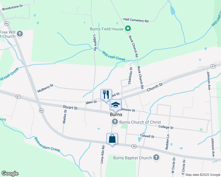 map of restaurants, bars, coffee shops, grocery stores, and more near 110 Brown Avenue in Burns