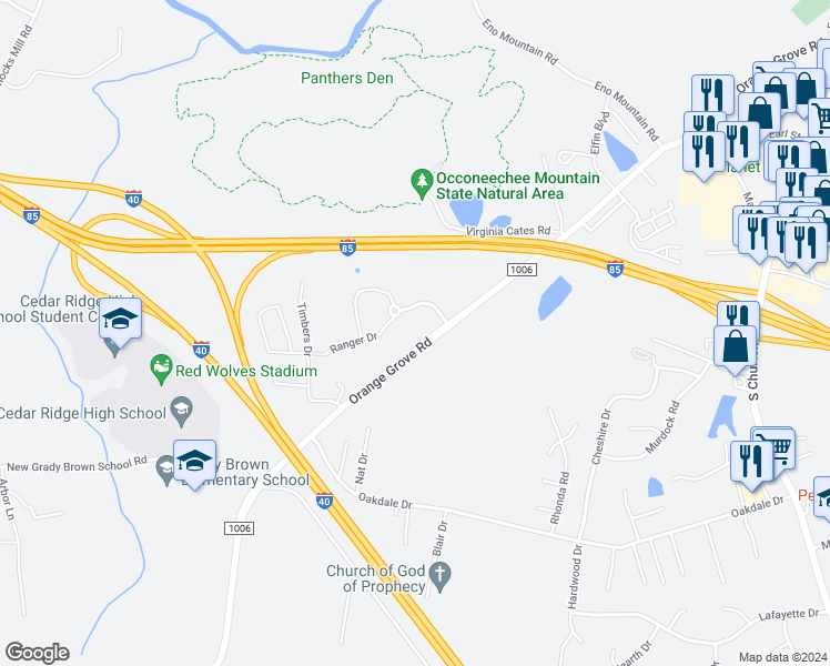 map of restaurants, bars, coffee shops, grocery stores, and more near 2119 Orange Grove Road in Hillsborough