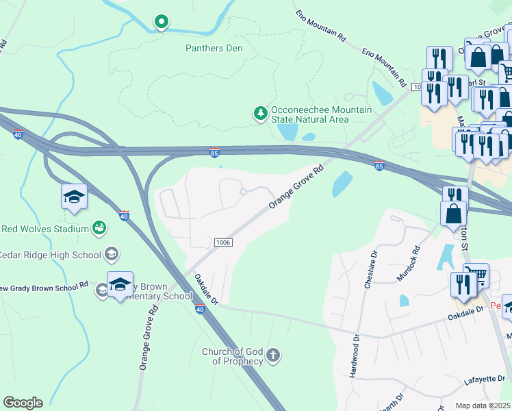 map of restaurants, bars, coffee shops, grocery stores, and more near 2119 Orange Grove Road in Hillsborough