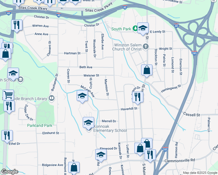 map of restaurants, bars, coffee shops, grocery stores, and more near 3024 Konnoak Drive in Winston-Salem