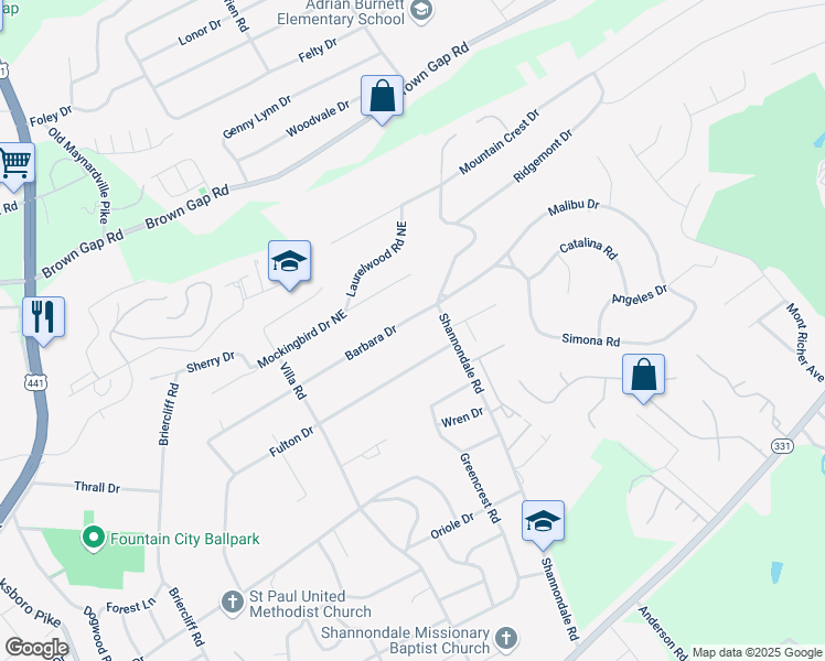 map of restaurants, bars, coffee shops, grocery stores, and more near 4603 Barbara Drive in Knoxville