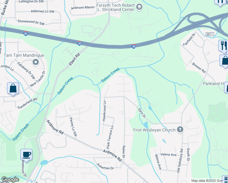 map of restaurants, bars, coffee shops, grocery stores, and more near 1918 Saffron Place in Winston-Salem