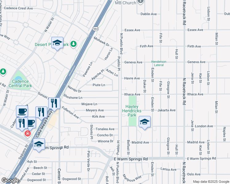 map of restaurants, bars, coffee shops, grocery stores, and more near 252 Navajo Drive in Henderson