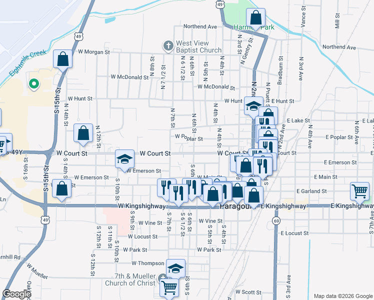 map of restaurants, bars, coffee shops, grocery stores, and more near 622 West Poplar Street in Paragould