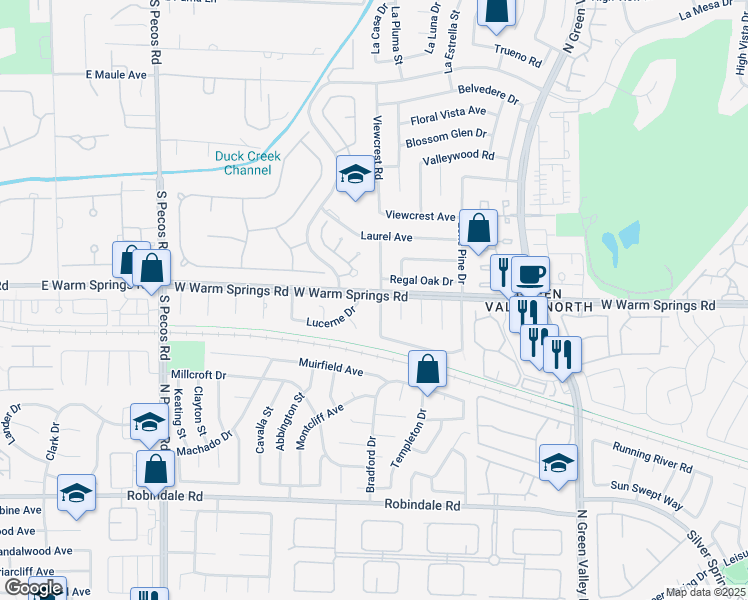 map of restaurants, bars, coffee shops, grocery stores, and more near 6 Hummingbird Lane in Henderson