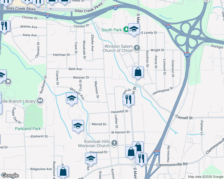 map of restaurants, bars, coffee shops, grocery stores, and more near 3040 Luther Street in Winston-Salem