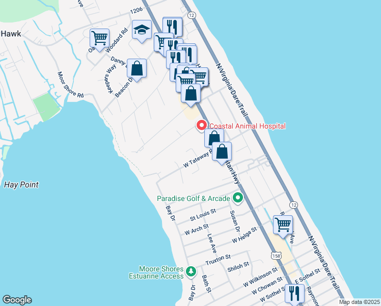 map of restaurants, bars, coffee shops, grocery stores, and more near 3627 Rabbit Hollow in Kitty Hawk