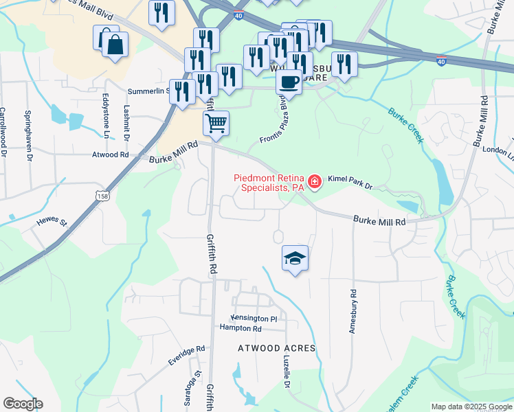 map of restaurants, bars, coffee shops, grocery stores, and more near Homestead Hills Drive in Winston-Salem