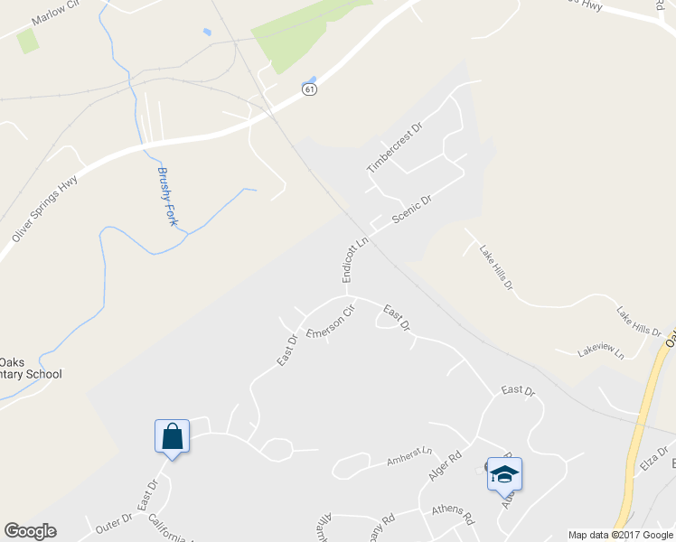 map of restaurants, bars, coffee shops, grocery stores, and more near 103 Endicott Lane in Oak Ridge