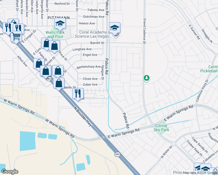 map of restaurants, bars, coffee shops, grocery stores, and more near 1200-1398 Pabco Road in Henderson