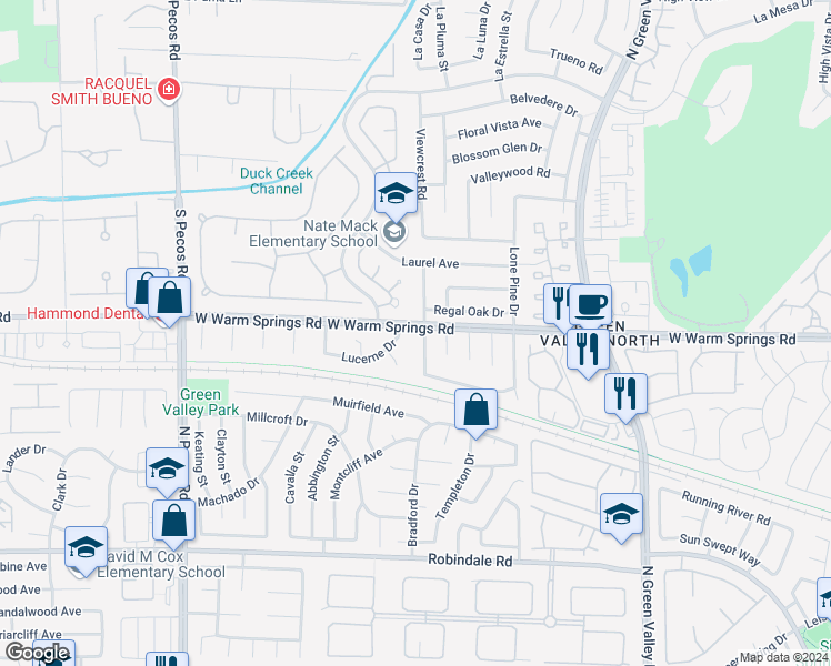 map of restaurants, bars, coffee shops, grocery stores, and more near 6 Hummingbird Lane in Henderson