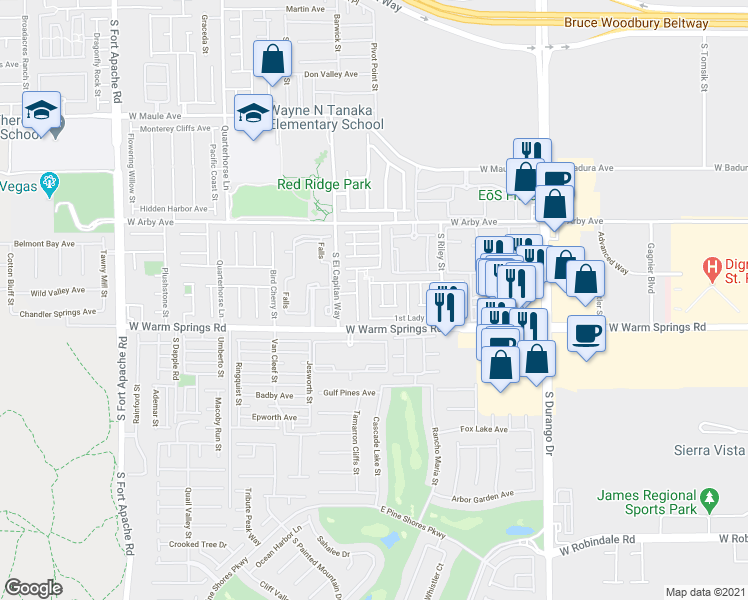 map of restaurants, bars, coffee shops, grocery stores, and more near 7209 Forefather Street in Las Vegas