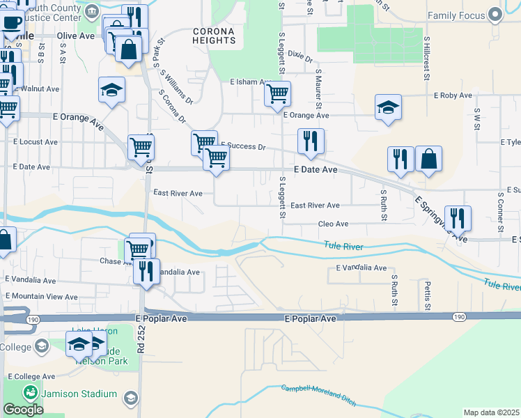 map of restaurants, bars, coffee shops, grocery stores, and more near 734 East River Avenue in Porterville