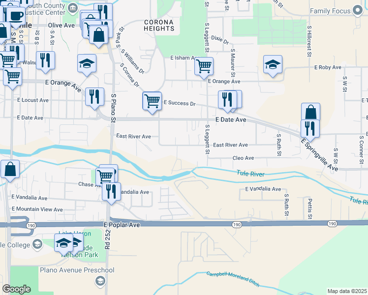 map of restaurants, bars, coffee shops, grocery stores, and more near 734 East River Avenue in Porterville